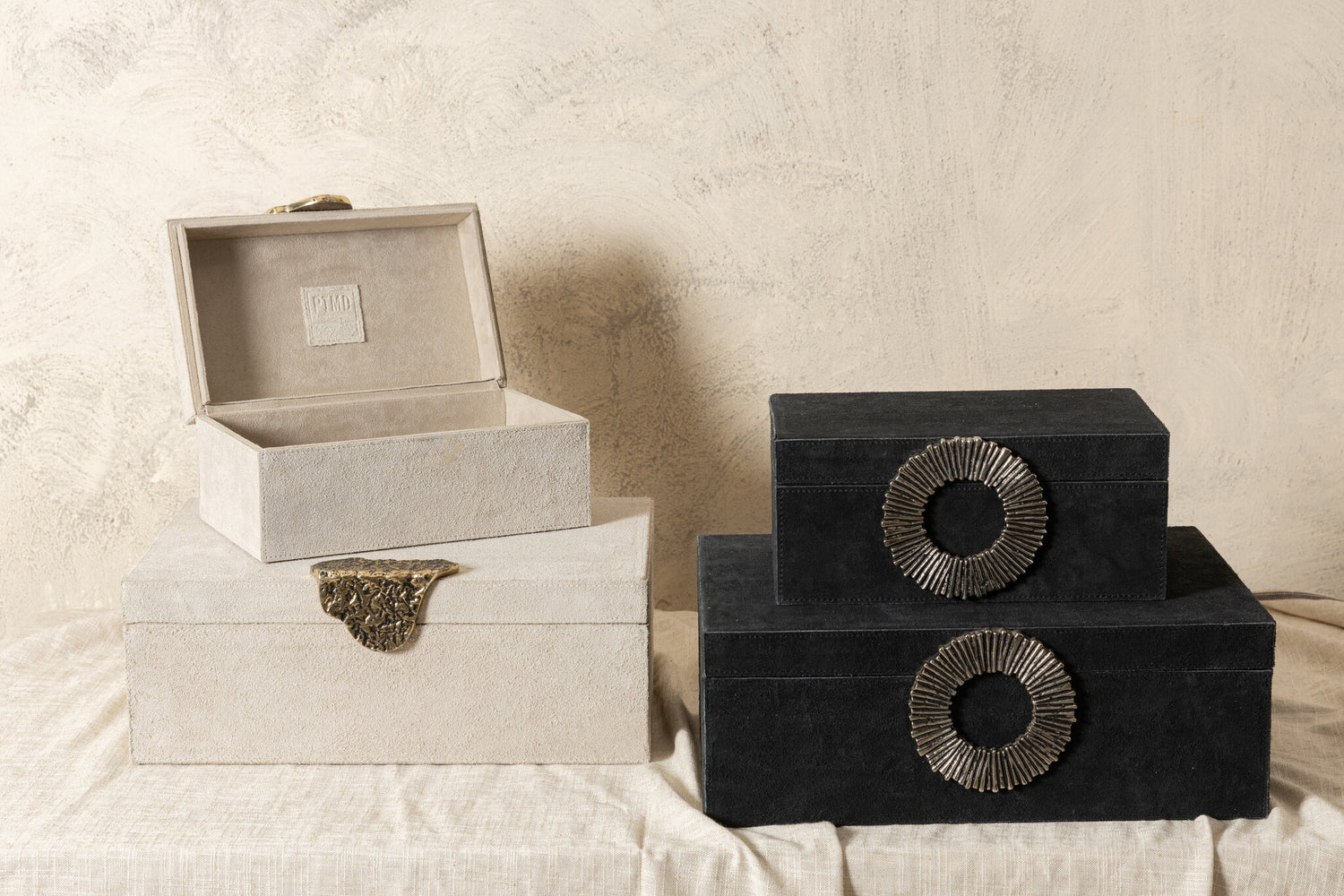 Hazael Beige Suede Box Golden Handle Set Of 2 PTMD