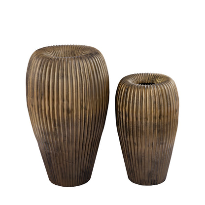 Russel Gold Alu Round Pot Ribbed Low 30x26x50cm PTMD