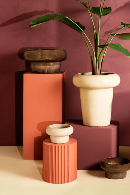 Megga Brown Big Glazed Ceramic Pot Thick Border Set van 2 PTMD