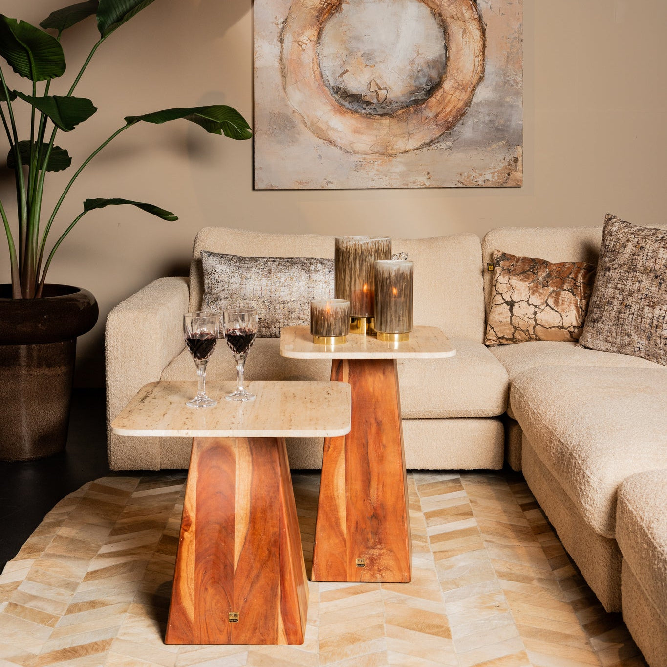 Allie Bruin Glas Windlicht op Gouden Voet PTMD Set van 3