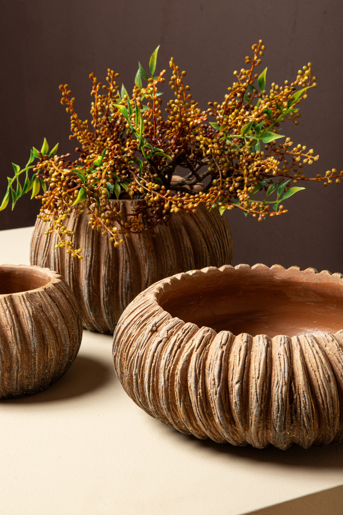 Revil Koperen Cementpot Rond met strepen laag Medium  PTMD