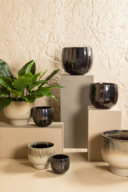 Ayasha Silver glazed ceramic pot shiny round Set van 4 PTMD