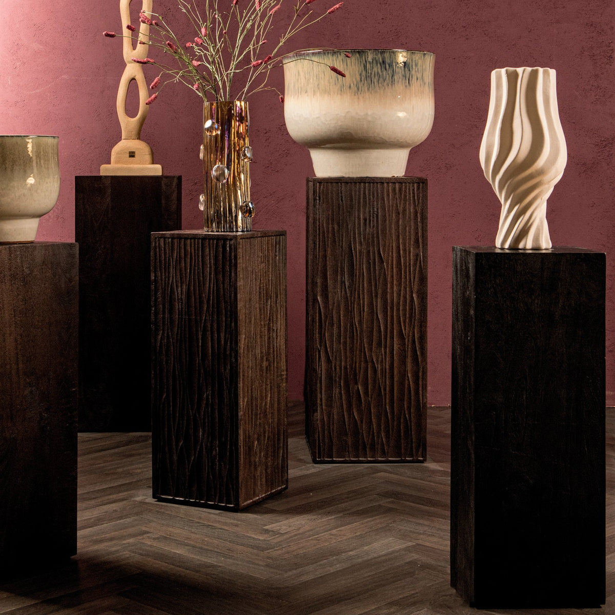 Riko Brown Mango Wood Wavy Carved Pedestal SV2 PTMD