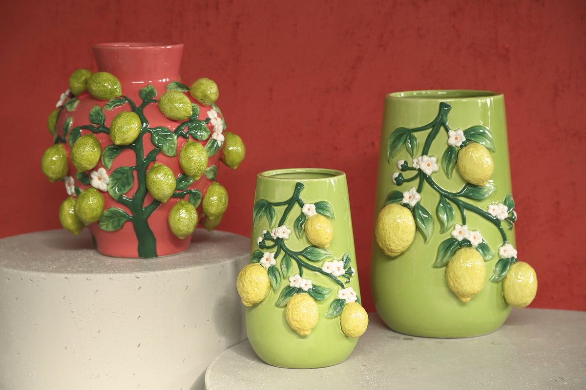 Stacy Pink Ceramic Jar Vase With Lemons On Twig PTMD
