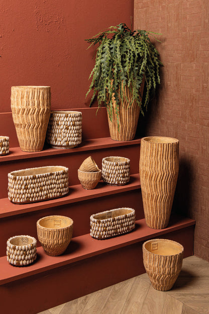 Zanaya Light Brown Round Cement Pot Ribbed  High M PTMD