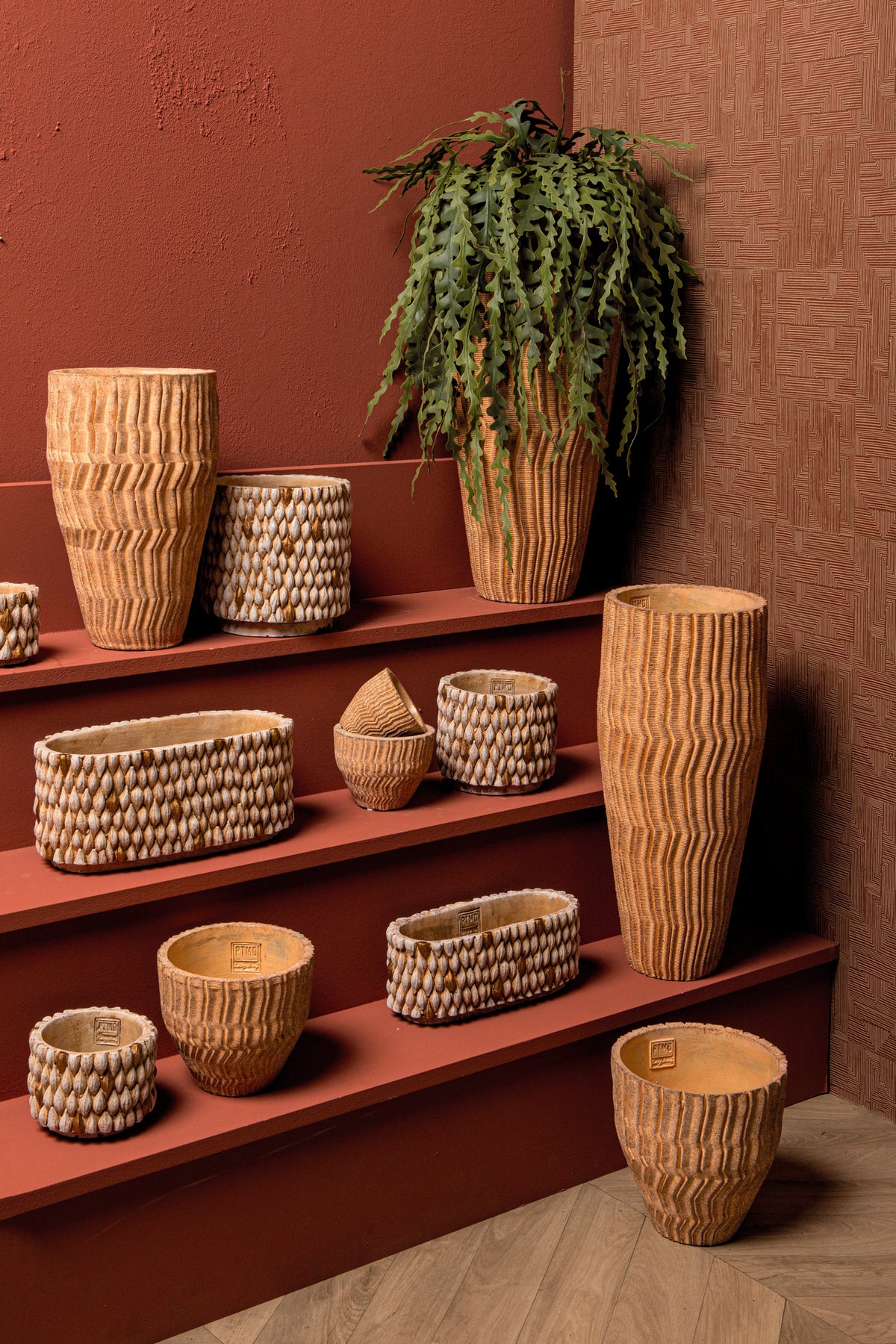 Zanaya Light Brown round cement pot ribbed high L PTMD