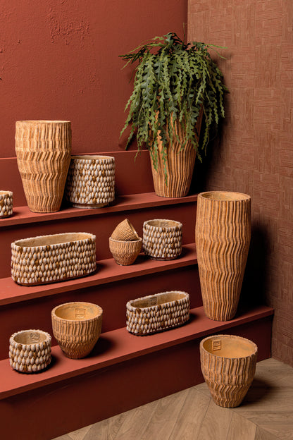 Zanaya Light Brown round cement pot ribbed high L PTMD