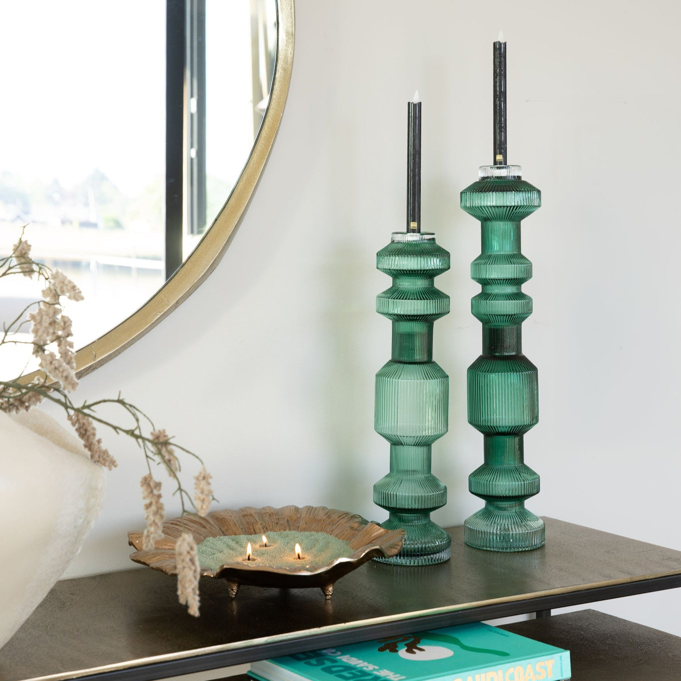Galinda Donkergroene Geribbelde Glazen Kandelaar Medium PTMD