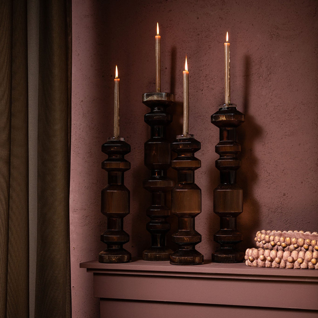 Galinda Bruine Geribbelde Glazen Kandelaar PTMD Set van 3