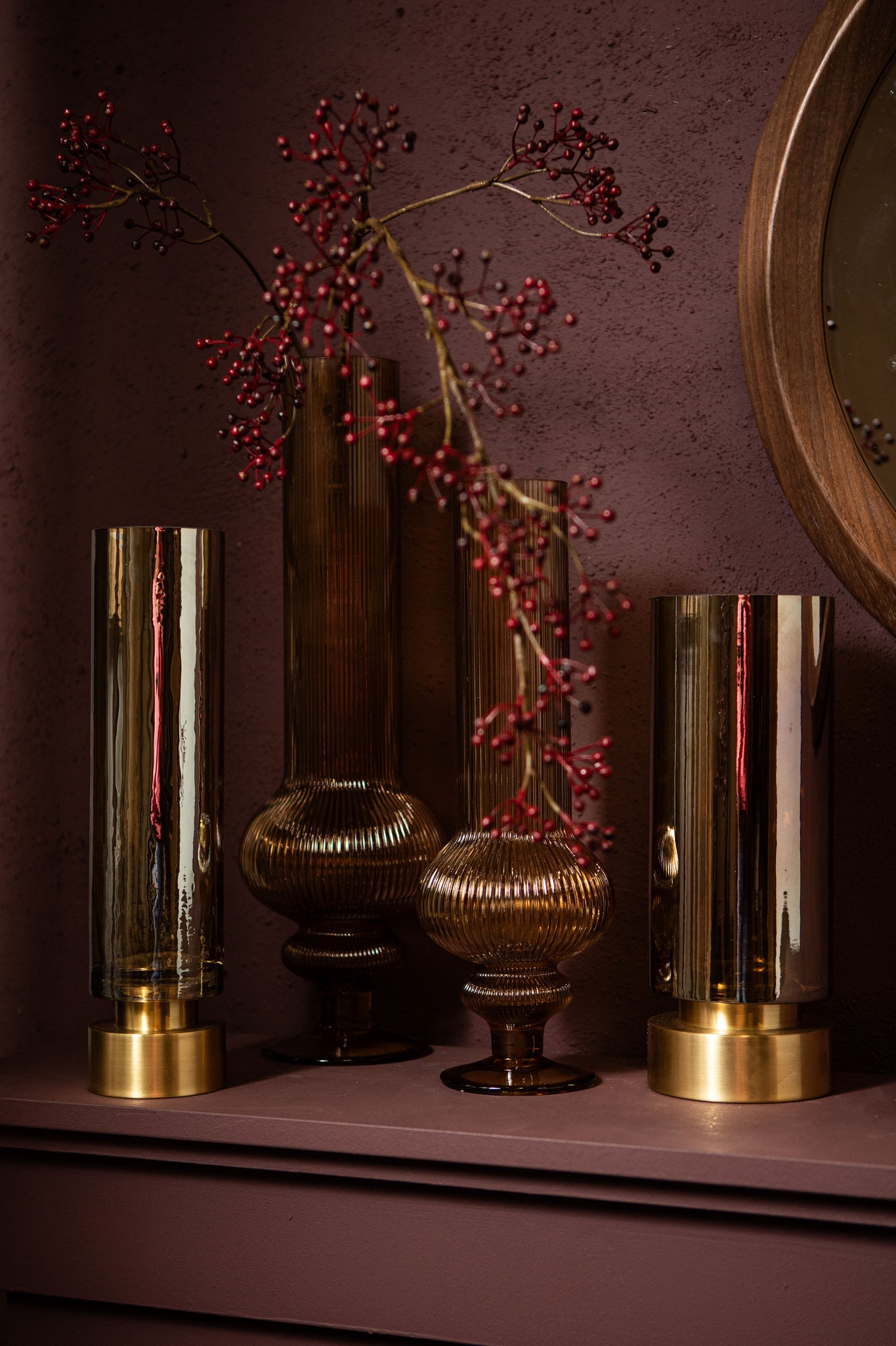 Keala Vaas Amber Glas Geribbeld Rond PTMD Set van 2