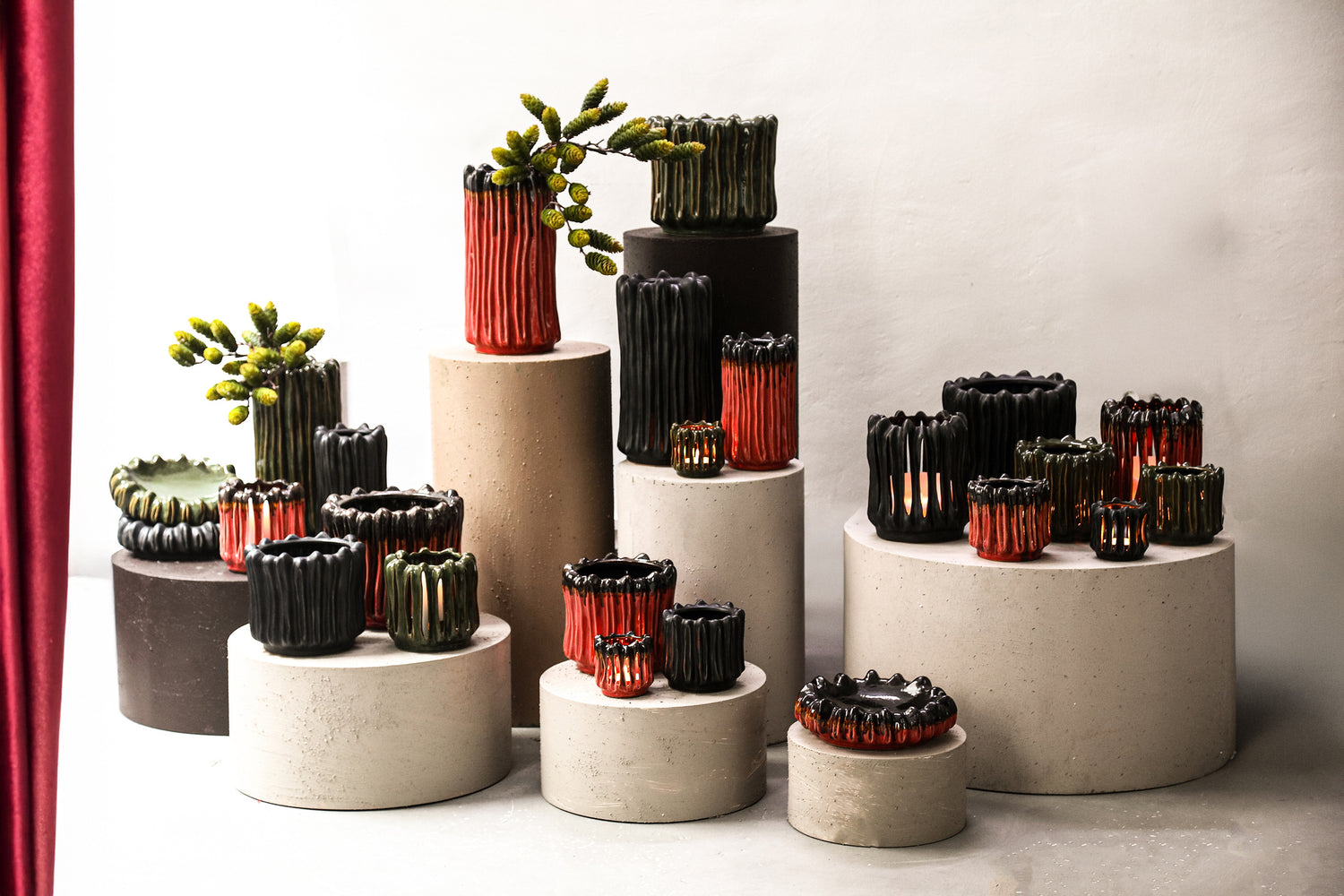 Windlicht Luci Donker Groen Keramiek Open ribbel Rond Set van 3 PTMD