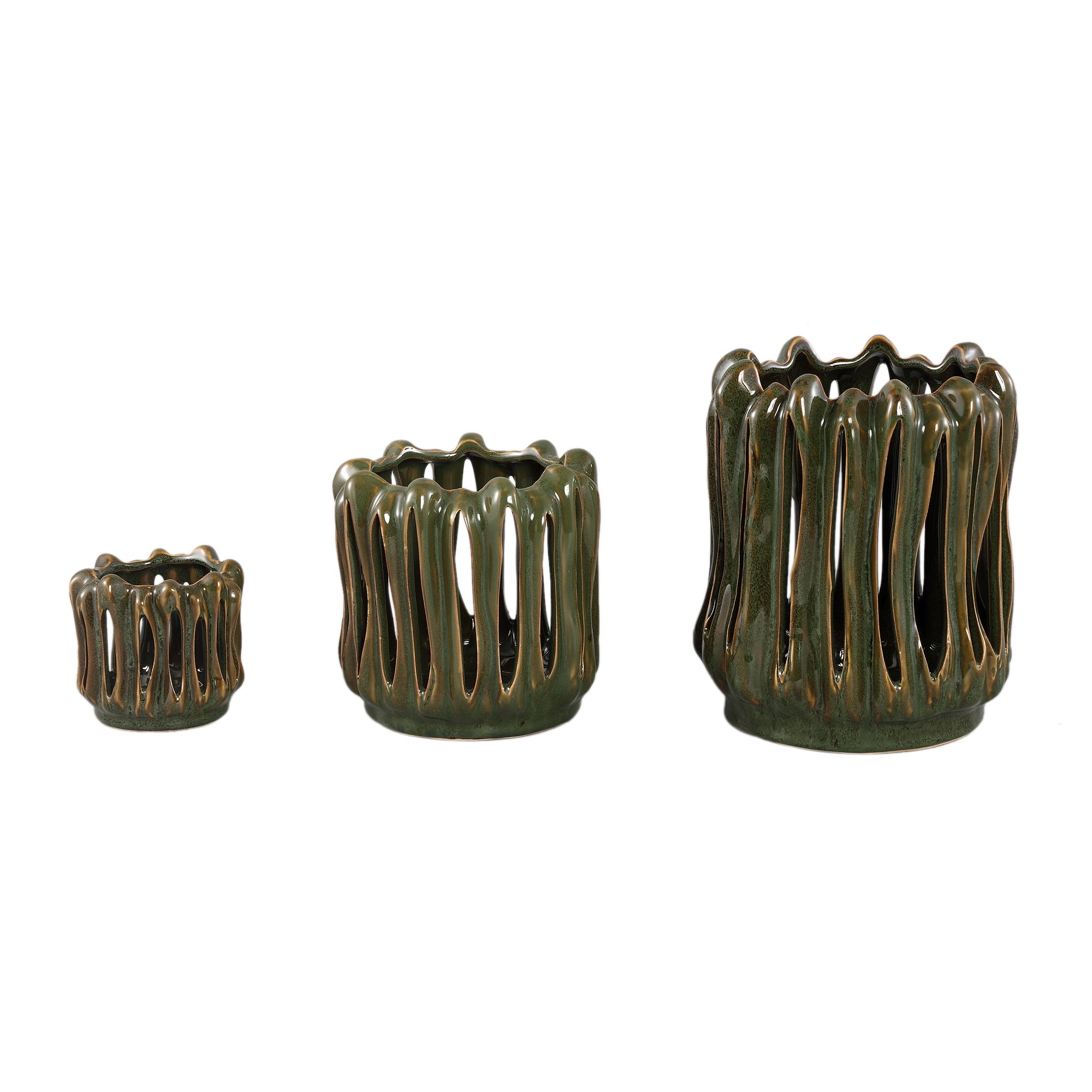 Windlicht Luci Donker Groen Keramiek Open ribbel Rond Set van 3 PTMD