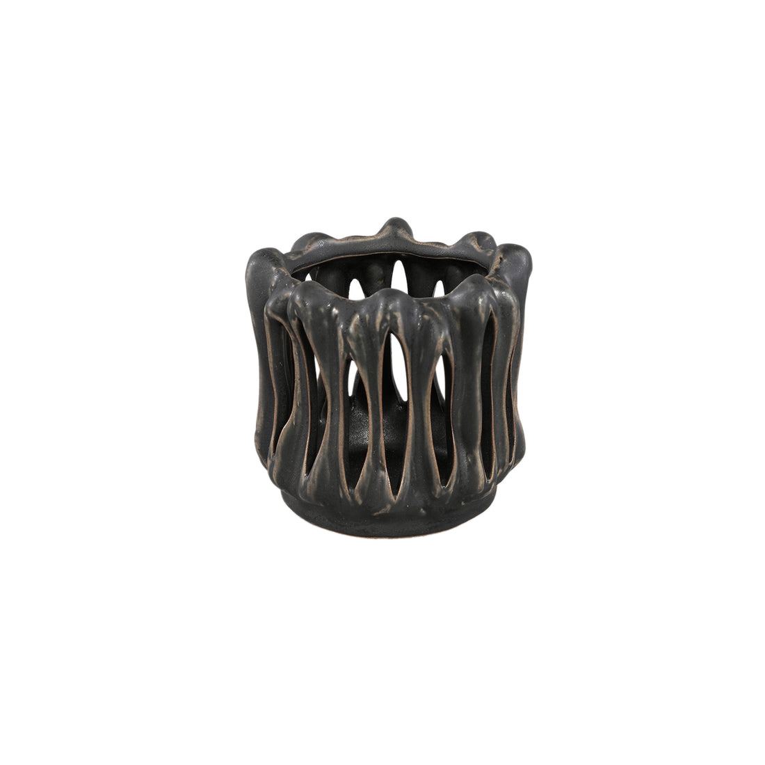 Windlicht Luci Zwart Keramiek Open ribbel Rond Set van 3 PTMD