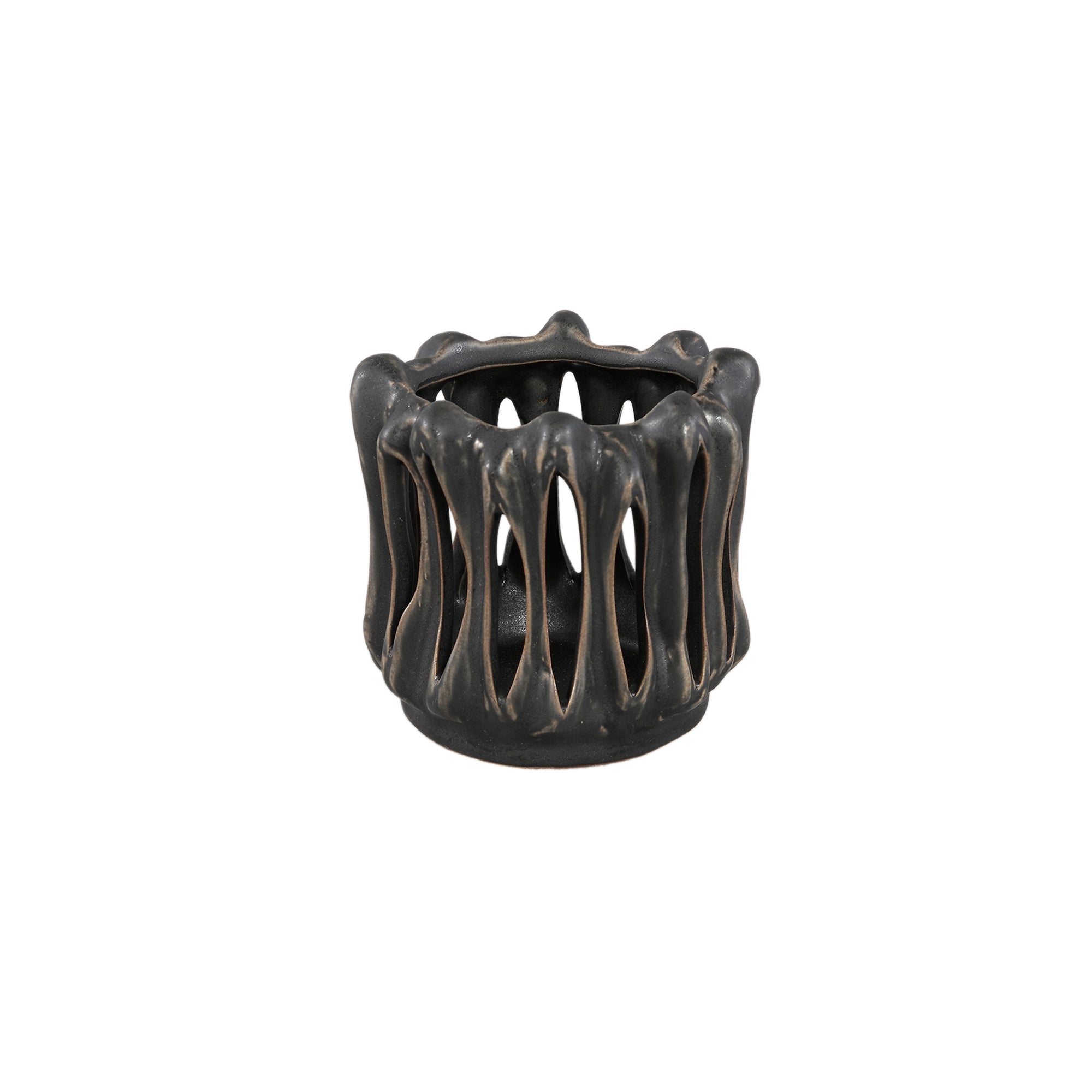 Windlicht Luci Zwart Keramiek Open ribbel Rond Set van 3 PTMD