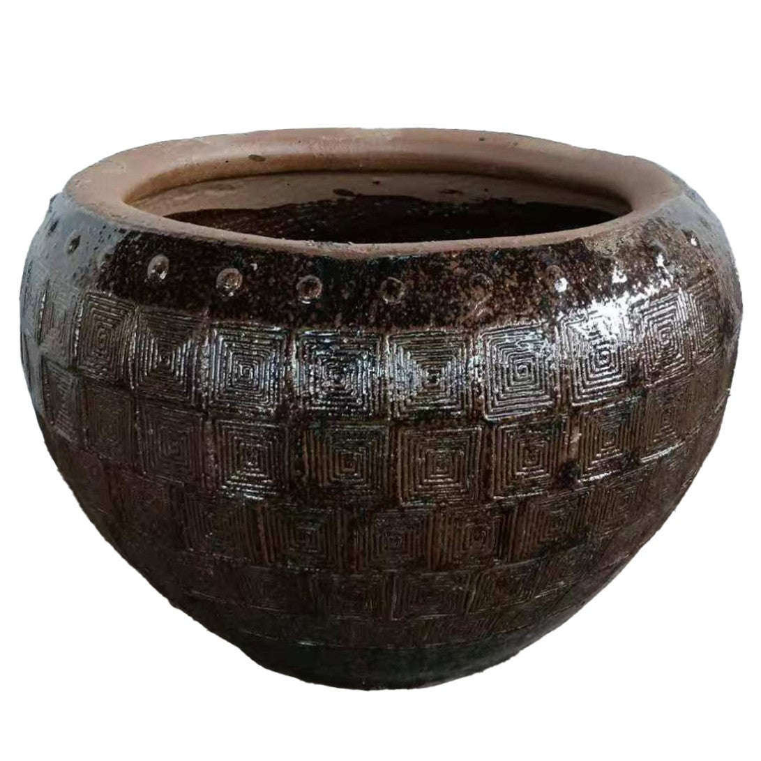 Lisie Natural Blue Ceramic Pot Piramid Pattern Low PTMD