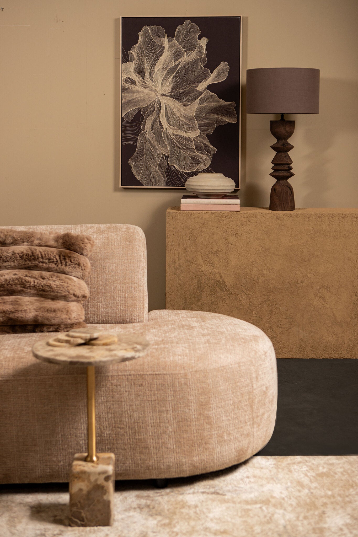 Tafellamp Elaine Bruin Mango Hout Rond Base PTMD