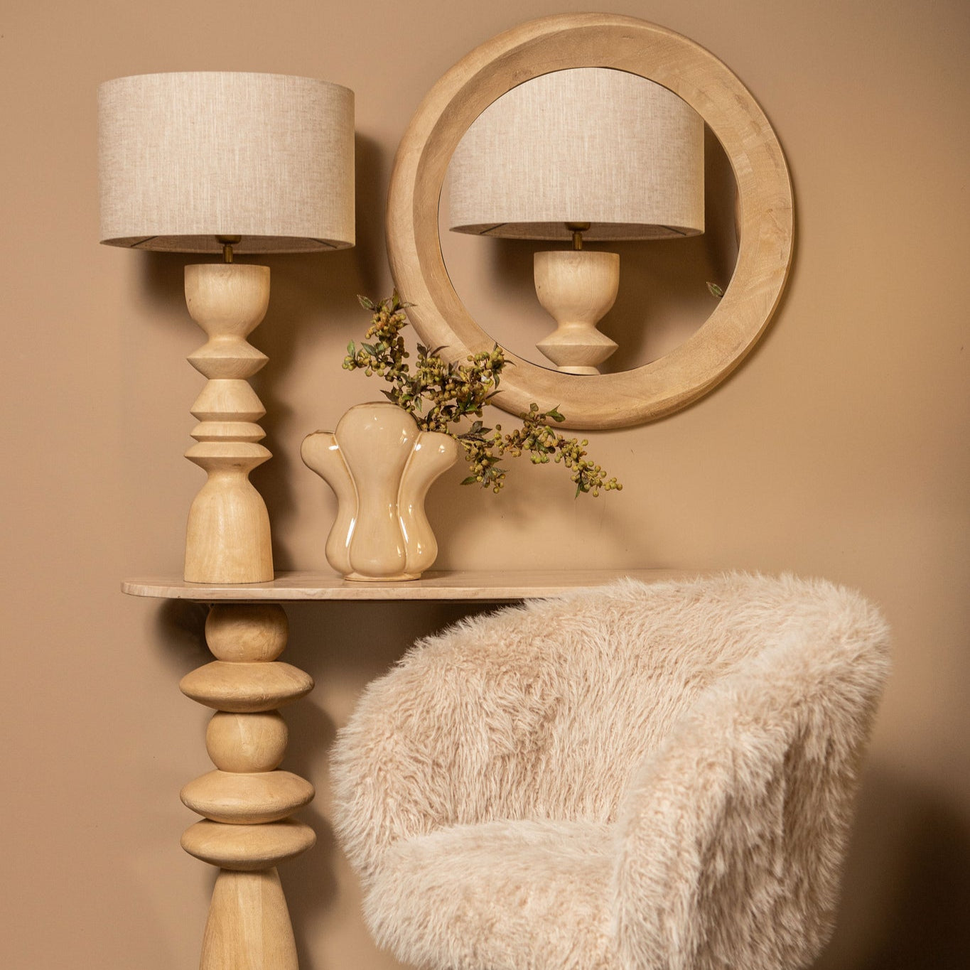 Tafellamp Elaine Naturel Mango Hout Rond Base PTMD