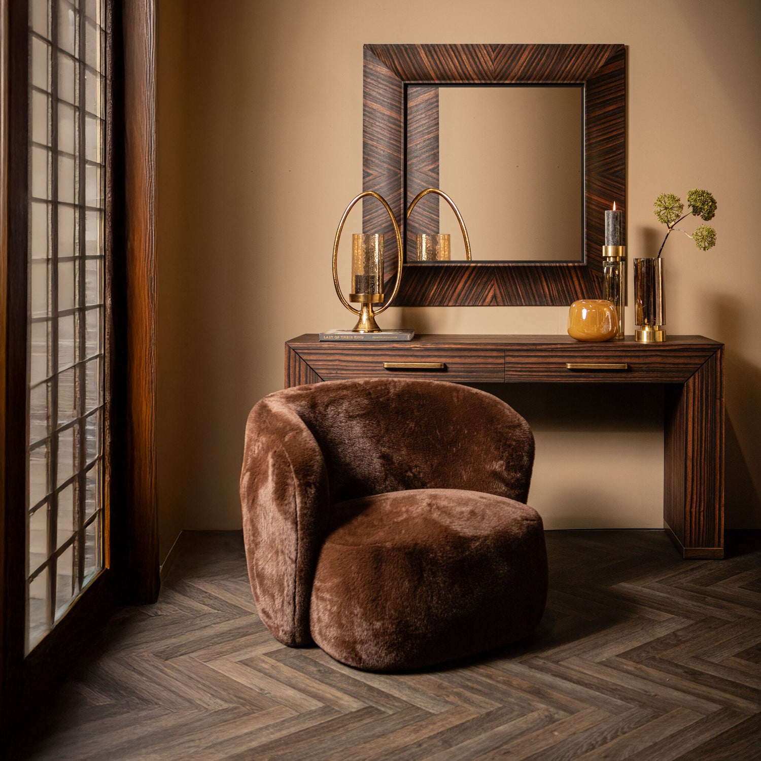 Gezzy Brown Wooden Mirror Curl Frame Square 110x7x110cm PTMD