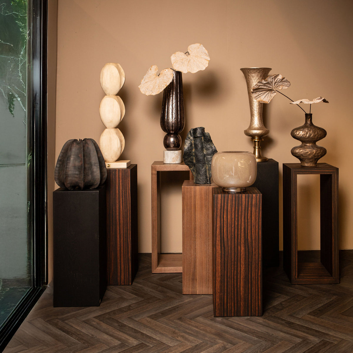 Tiess Brown Wooden Veneer Pedestal Set Of 2 PTMD