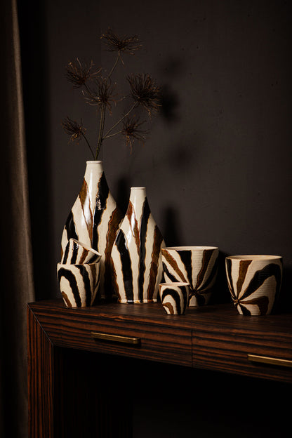 Evelin Dark Brown Oval Ceramic Vase With Lines L 29x18x55.cm PTMD