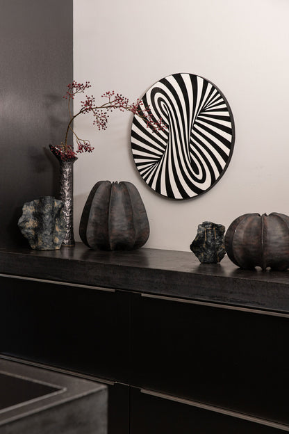 Hallie Black And White Wood Round Wall Panel Swirl 60x60cm PTMD