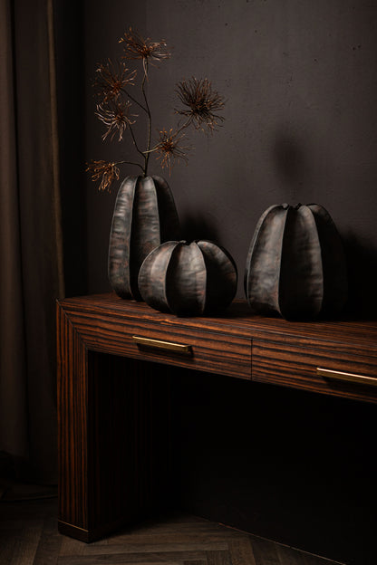 Grayson Black Ceramic Round Ribbed Vase Low Dia30cmxH22cm PTMD
