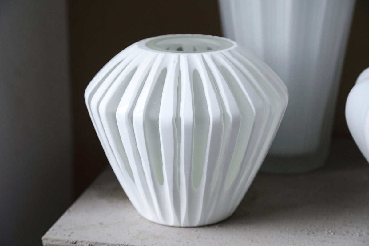 Ireka White Handcut Solid Glass Vase Angular Round Large PTMD