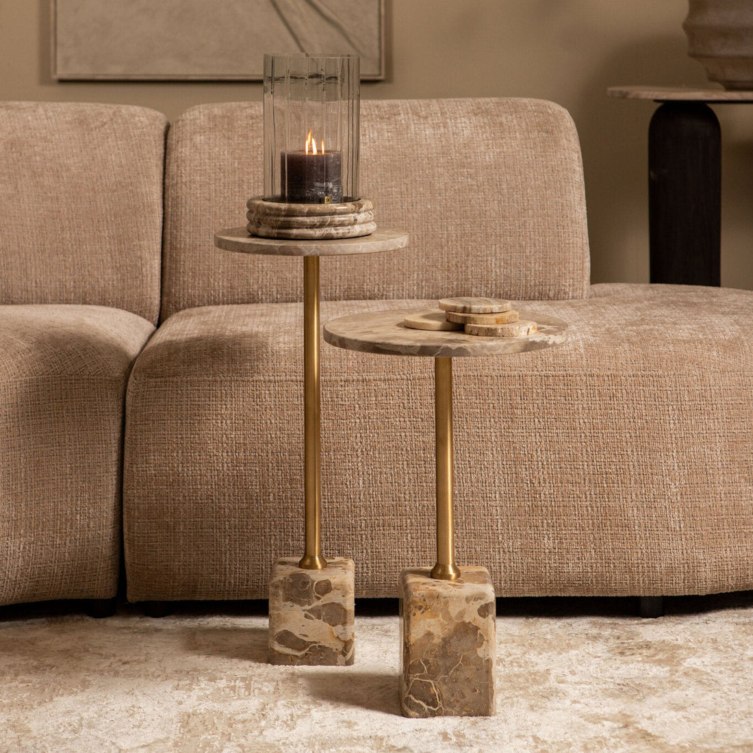 Bijzettafel Ebe Beige Marmer Rond Laag PTMD