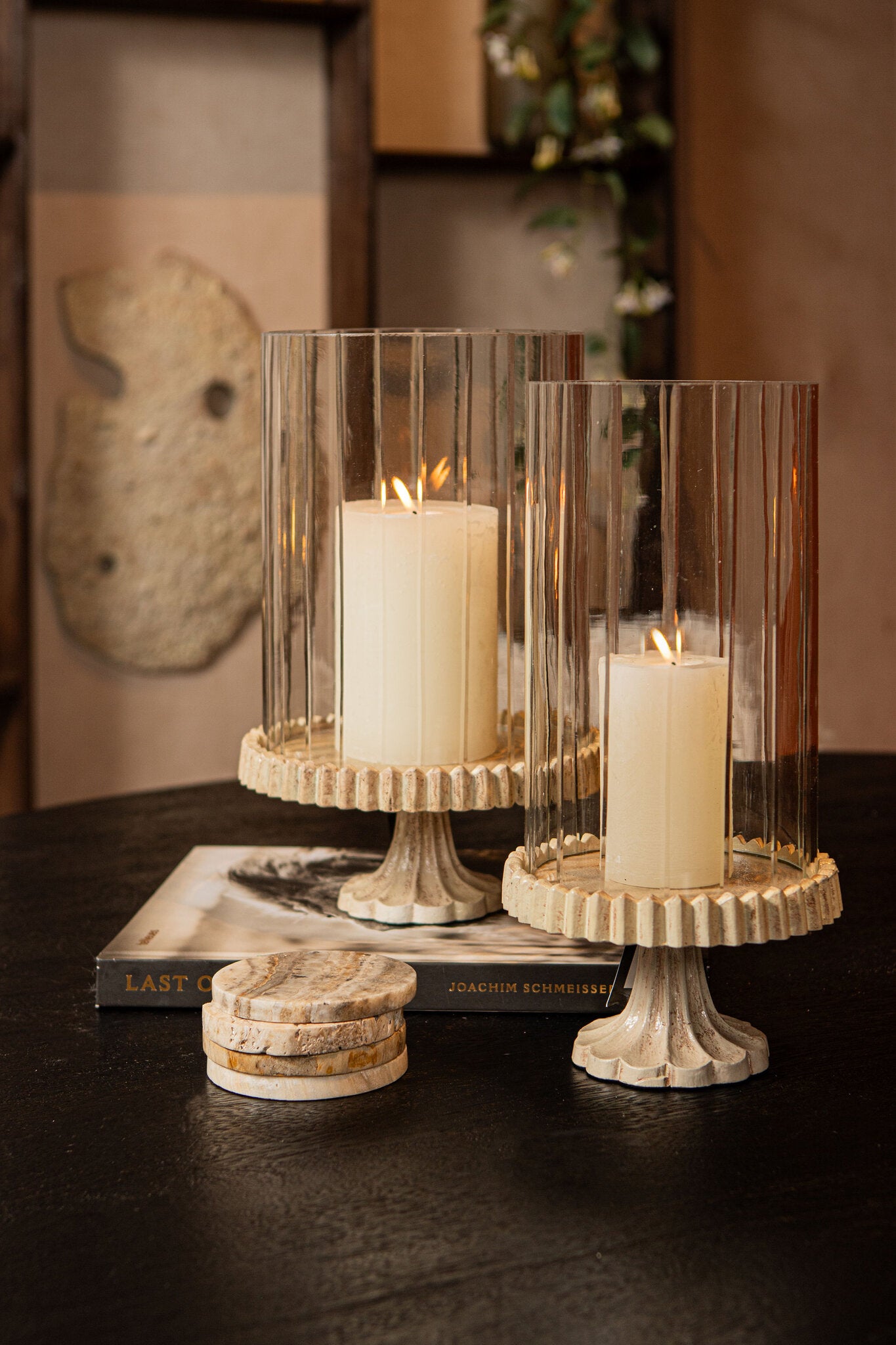 Windlicht Troye Beige Gegoten Aluminium Gesneden Glas Large PTMD
