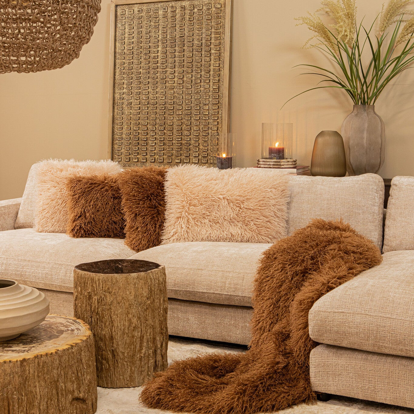 Rexx Beige Fake Sheep Fur Cushion Rectangle PTMD