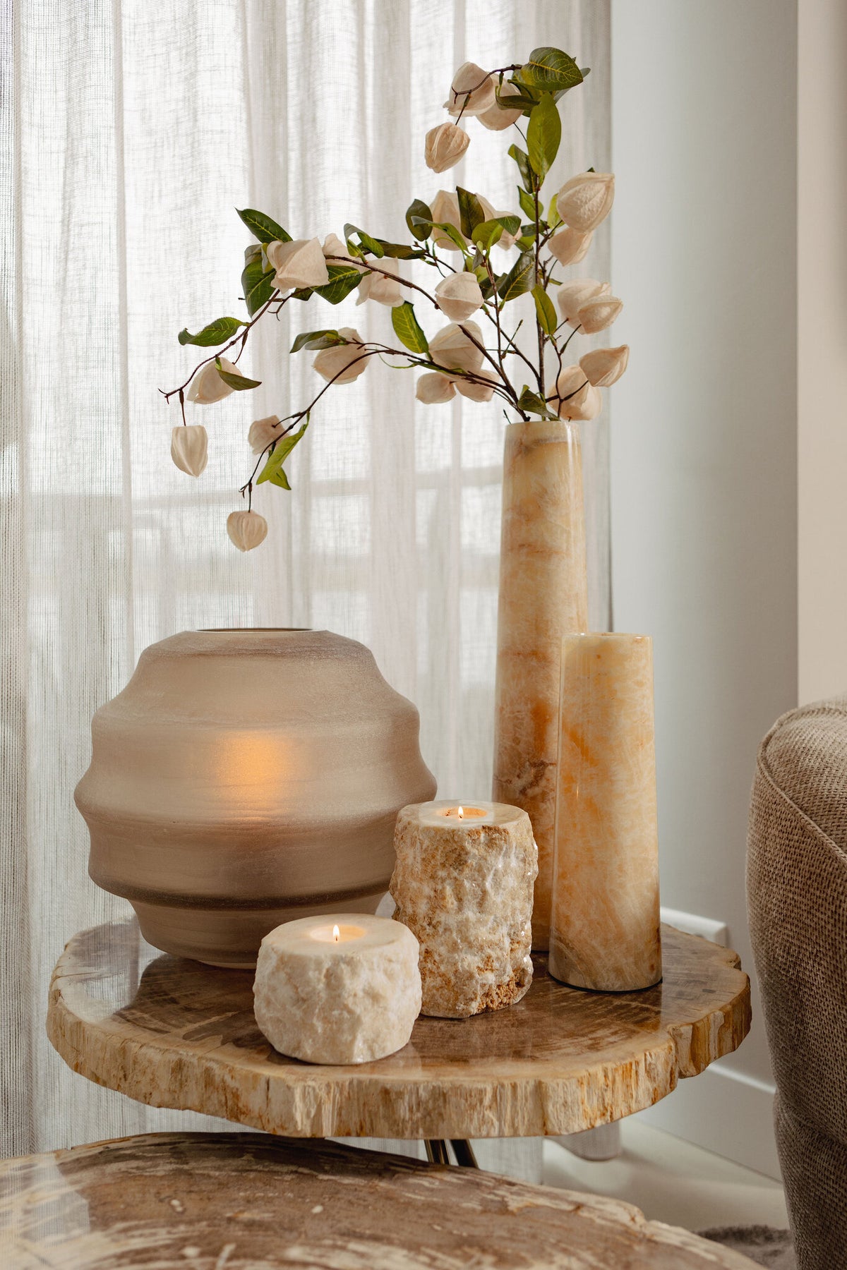 Elladie Beige Round Glass Layered Vase Low PTMD