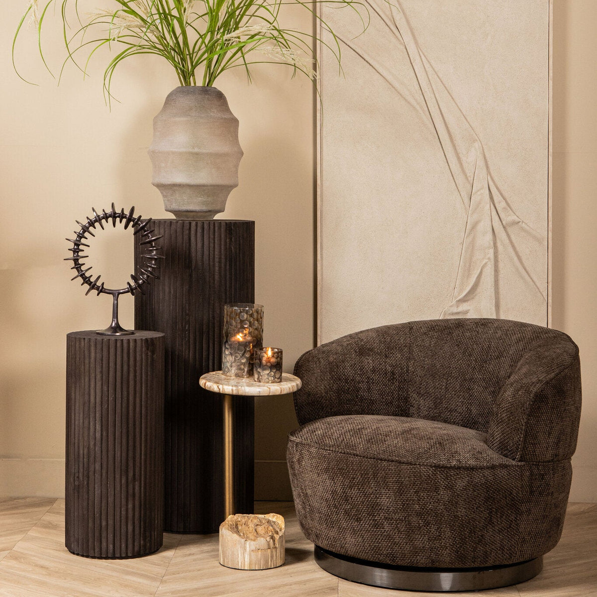 Jerra Brown Ribbed Mango Wood Pedestal Set Of 2 PTMD