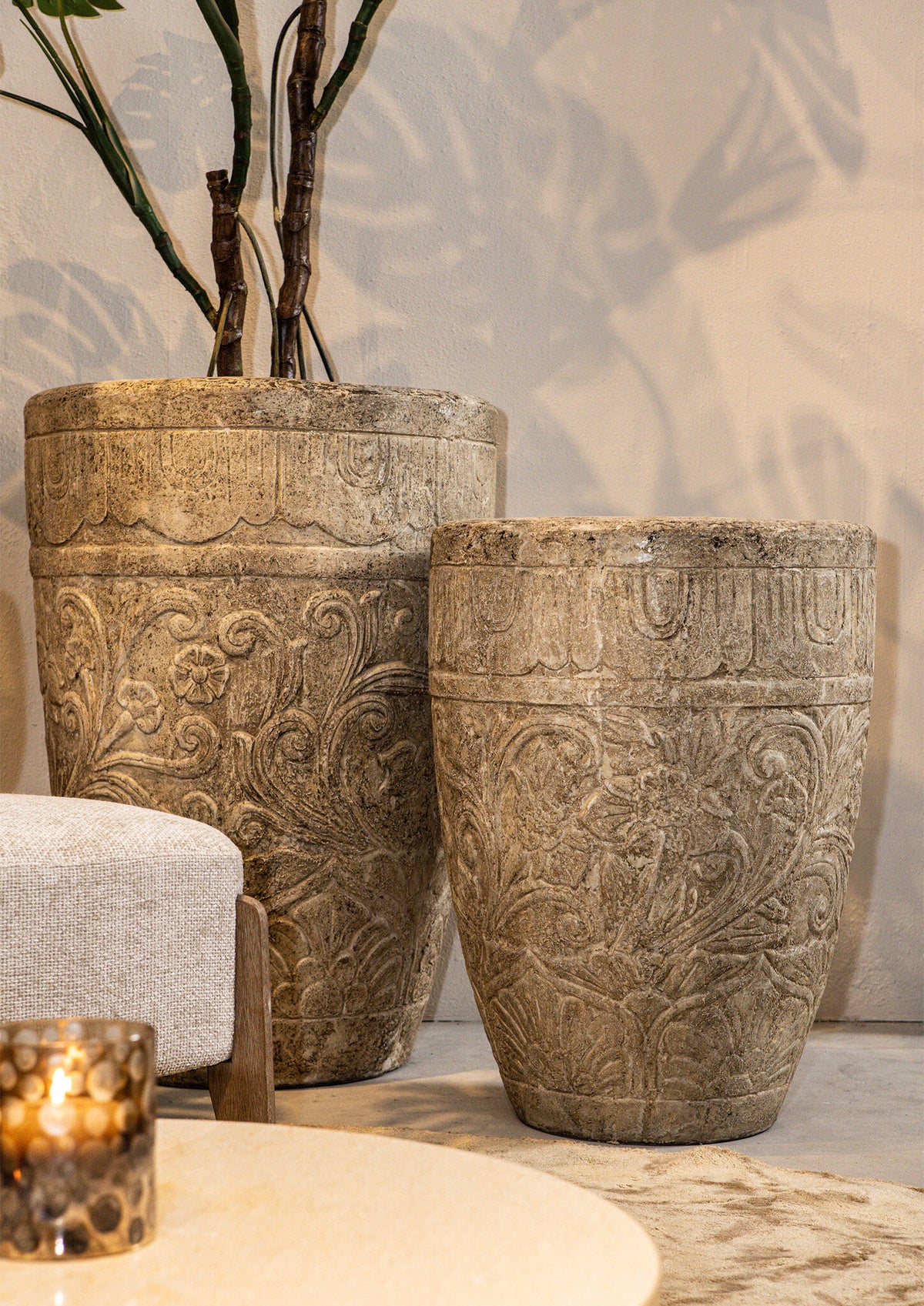 Sasha Cream Cement Fiber Pot Flower Pattern Round M PTMD