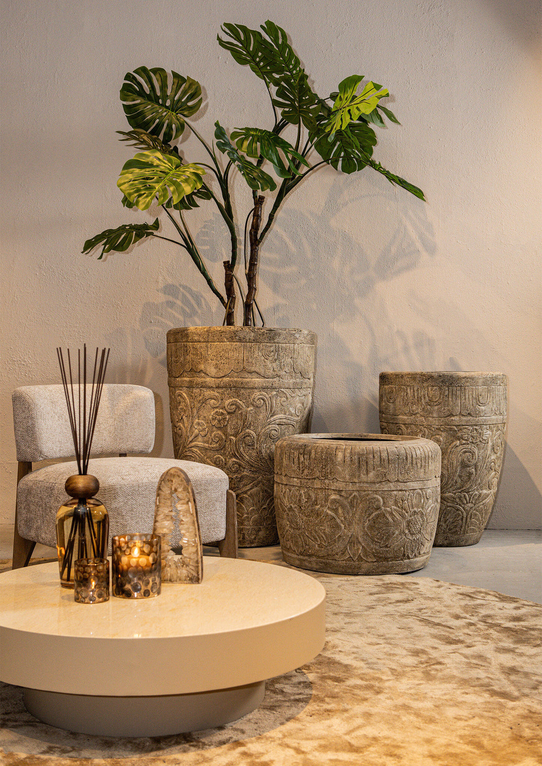 Sasha Cream Cement Fiber Pot Flower Pattern Round L PTMD