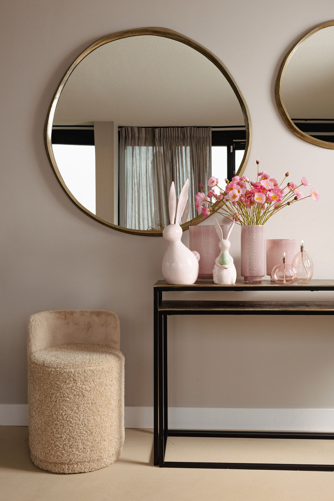 Poef Brandon Beige Stof Rond Pouf Met Rugleuning PTMD