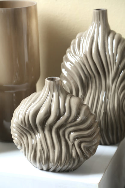 Vaas Kelline Taupe Rond Geribbelde Glas Groot PTMD