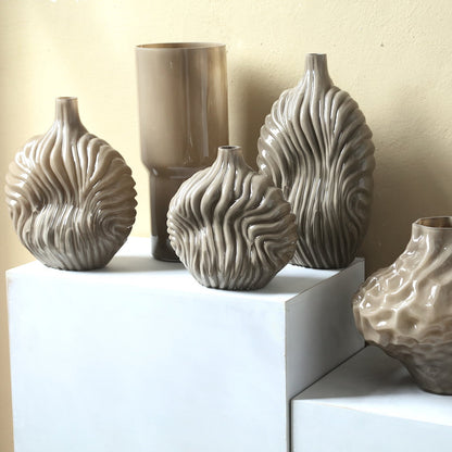 Vaas Kelline Taupe Rond Geribbelde Glas Groot PTMD