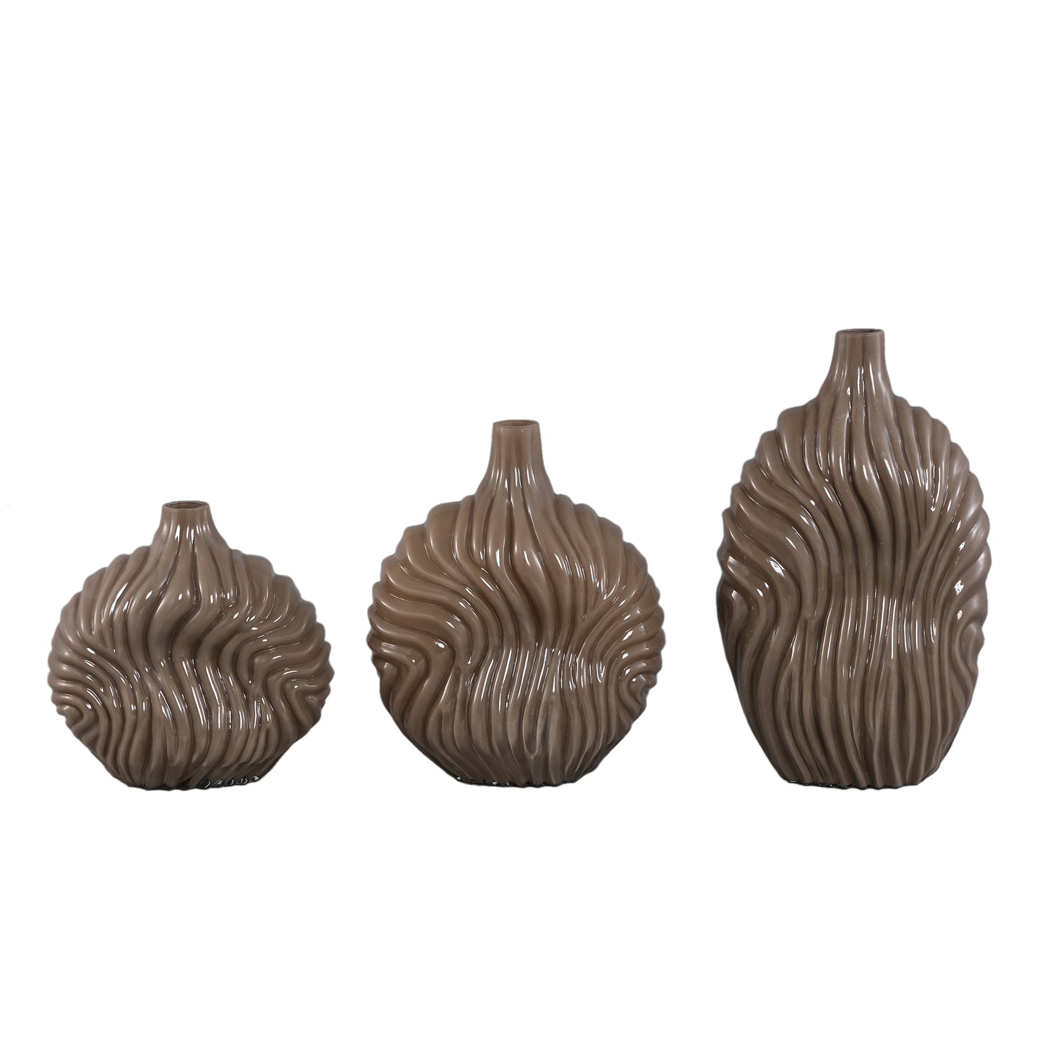 Vaas Kelline Taupe Rond Geribbelde Glas Hoog PTMD