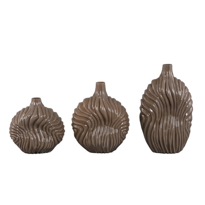 Vaas Kelline Taupe Rond Geribbelde Glas Hoog PTMD