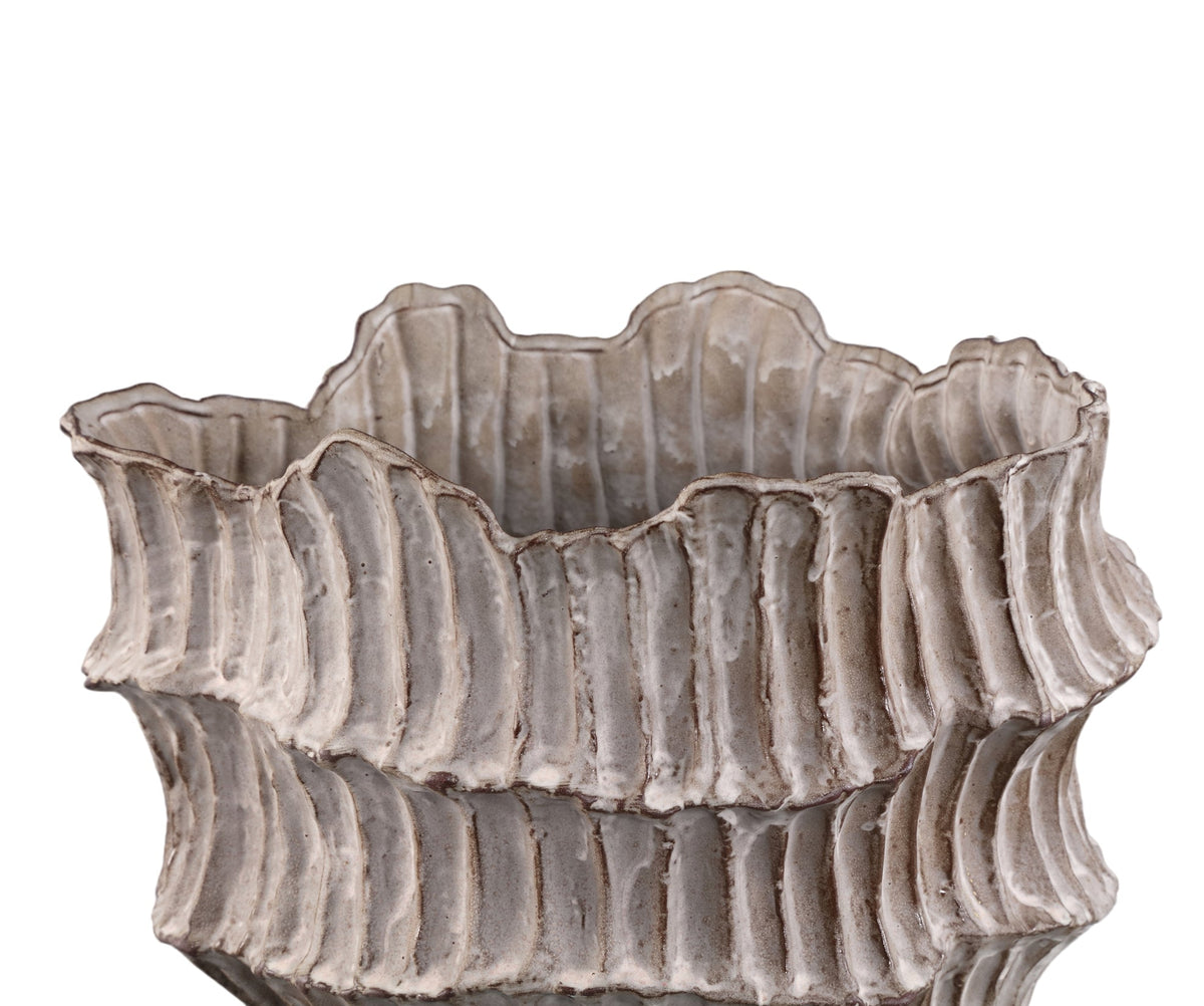 Talan Beige Round Wavy Ribbed Ceramic Vase A PTMD