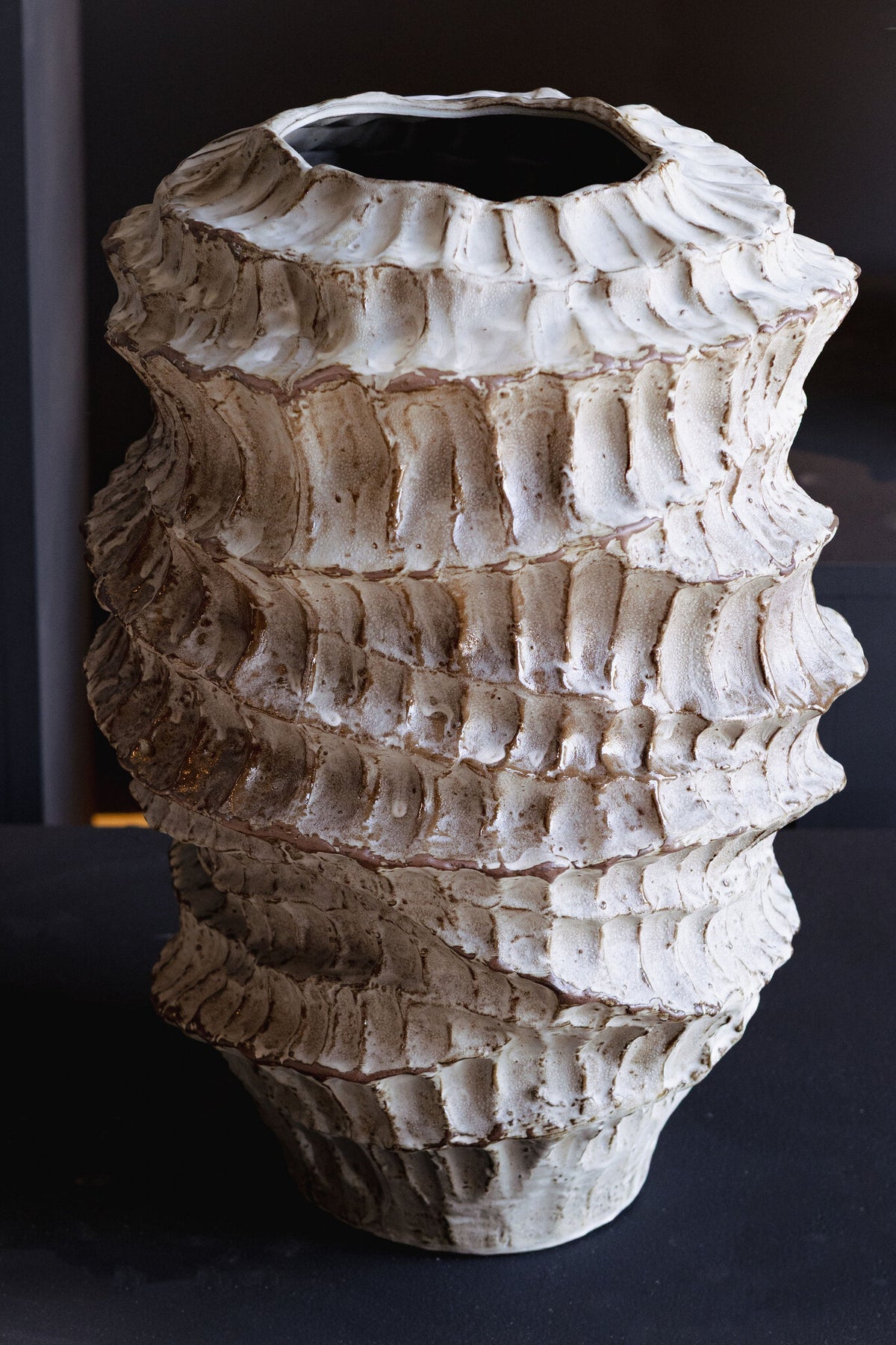 Talan Beige Round Wavy Ribbed Ceramic Vase B PTMD