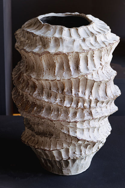 Talan Beige Round Wavy Ribbed Ceramic Vase B PTMD