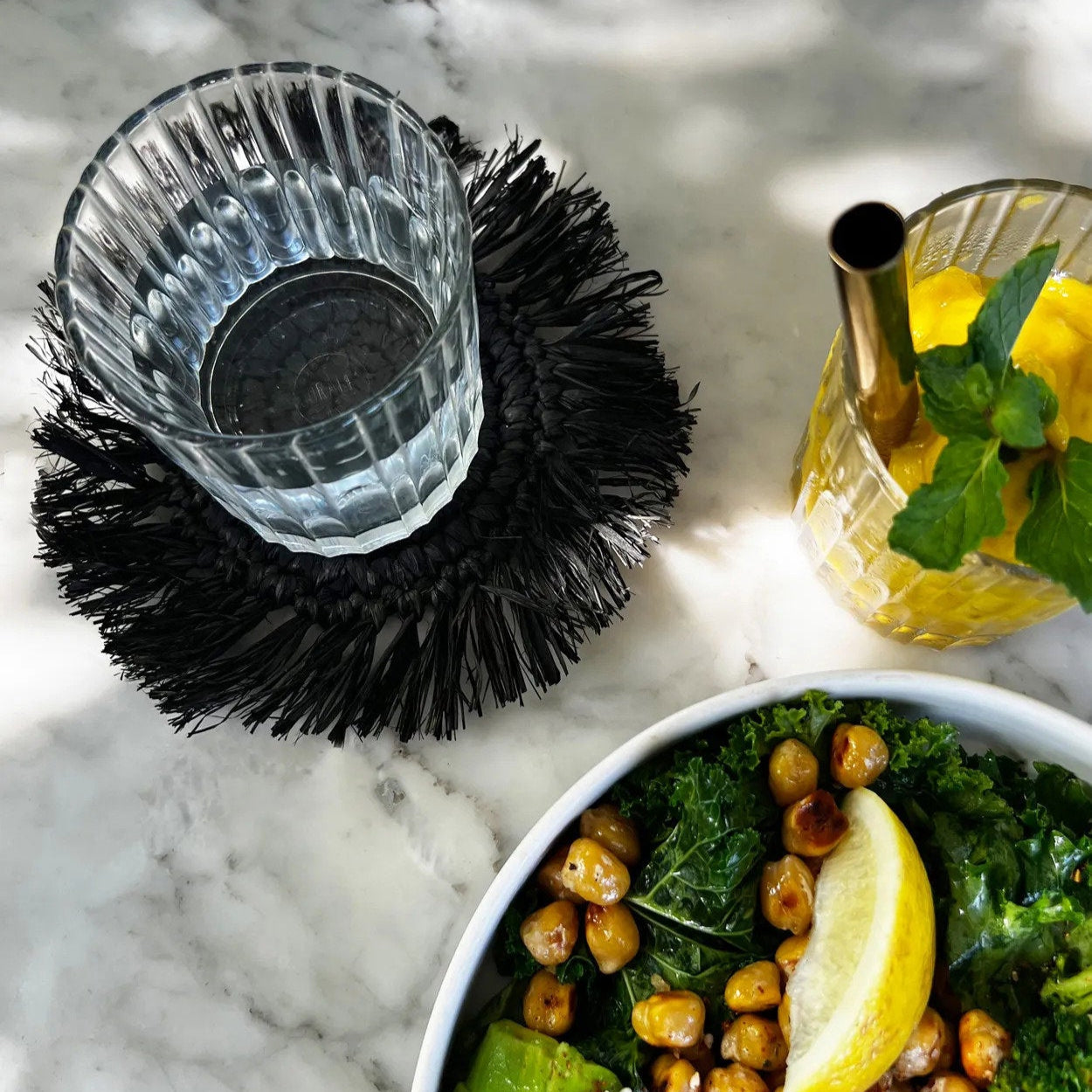 De Fringe Raffia Onderzetter - Zwart