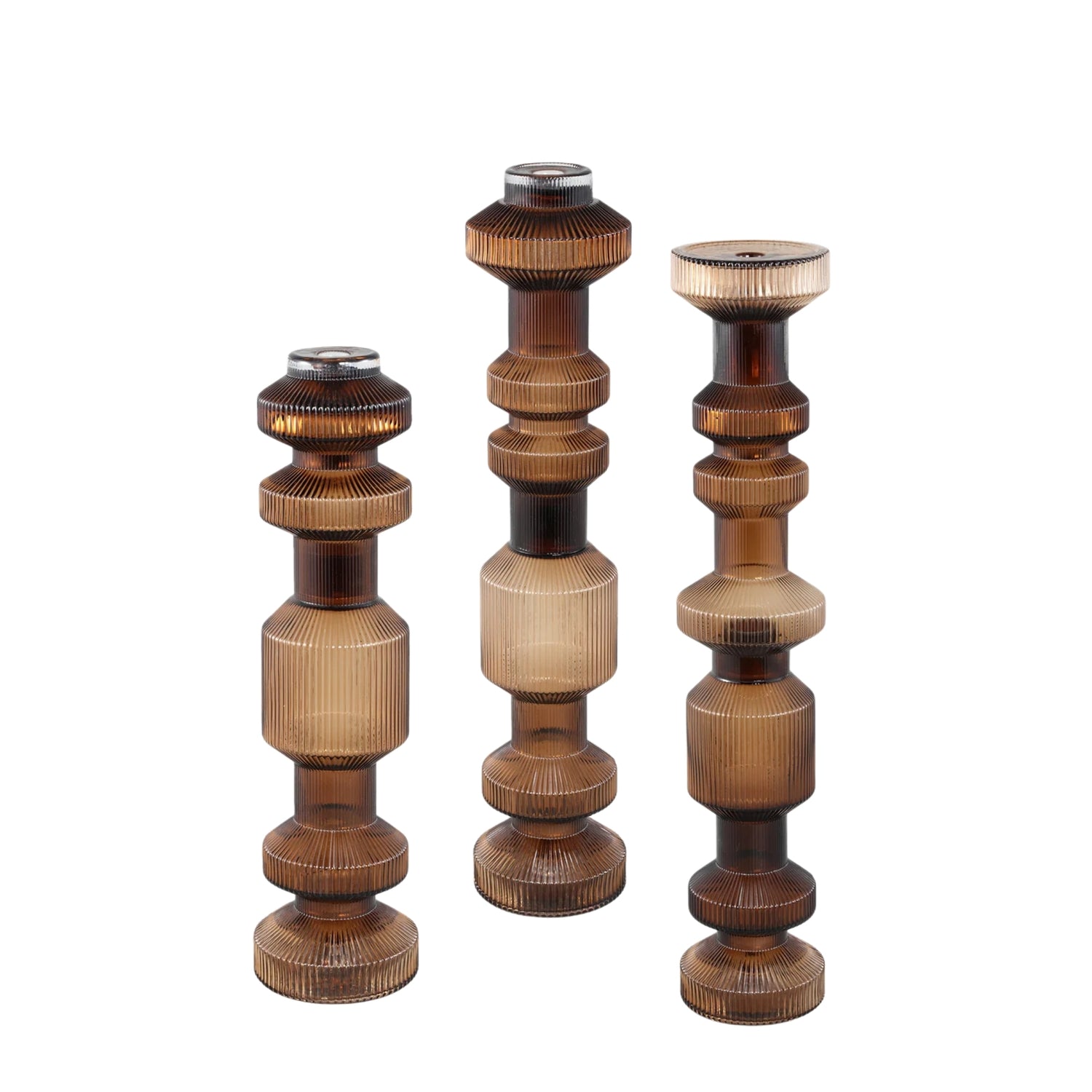Galinda Bruine Geribbelde Glazen Kandelaar PTMD Set van 3