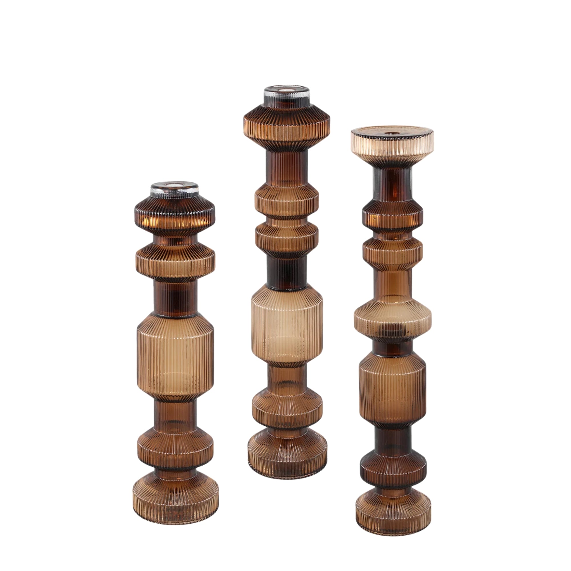 Galinda Bruine Geribbelde Glazen Kandelaar PTMD Set van 3