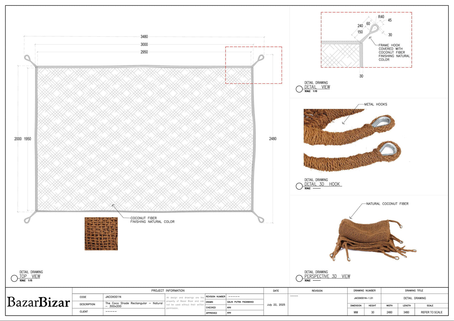 De Coco Shade Rechthoekig - Naturel - 300x200
