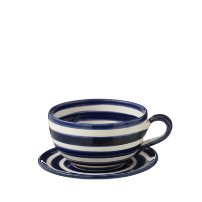 Koffiekop met Schaaltje Granada Strepen Cobalt Blauw/Wit Keramiek J-Line