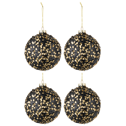 Doos Van 4 Kerstballen Glitter Paillettenglas Zwart Goud Medium