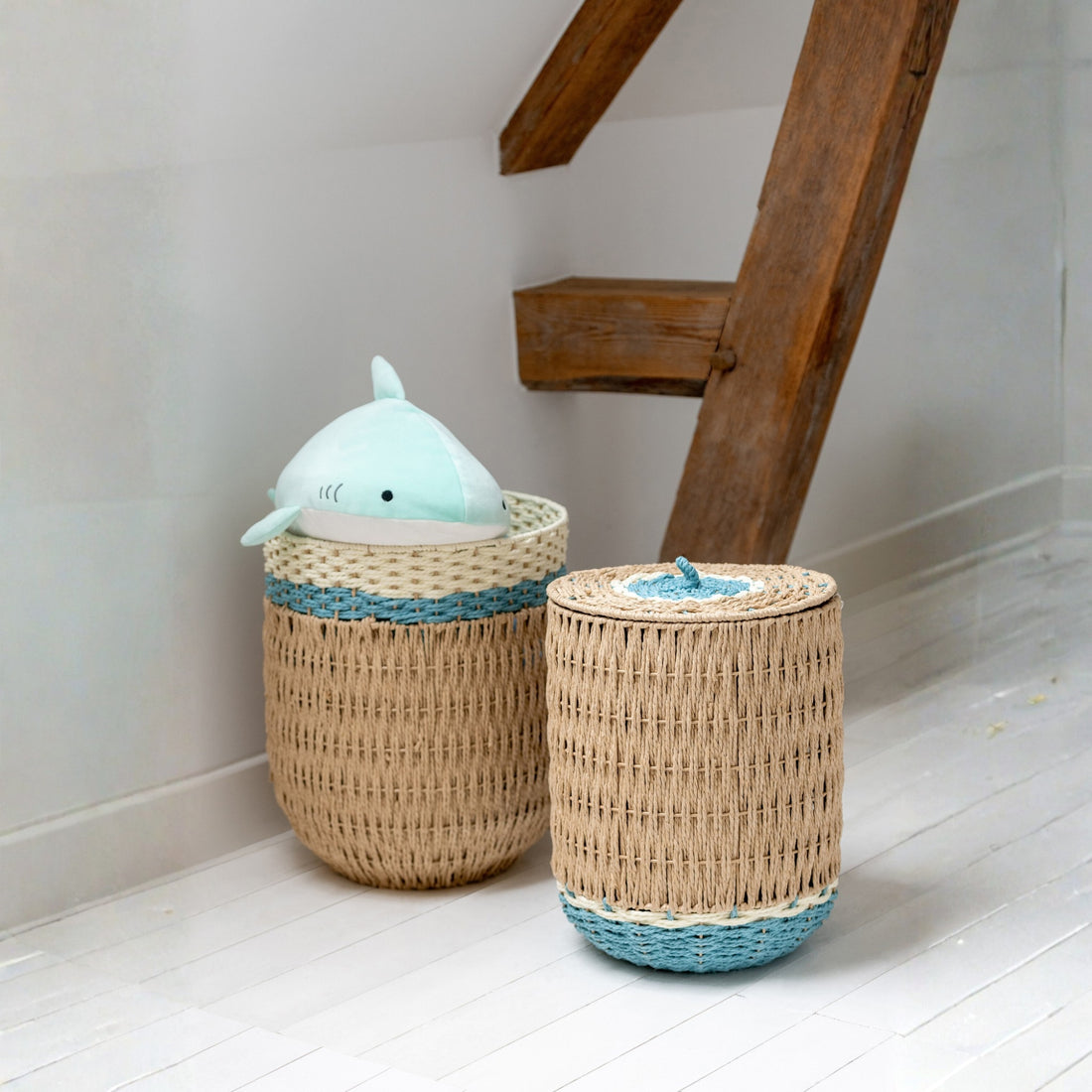 Set Van 2 Mand Met Deksel Gestreept Papier Naturel/Lichtblauw J-Line