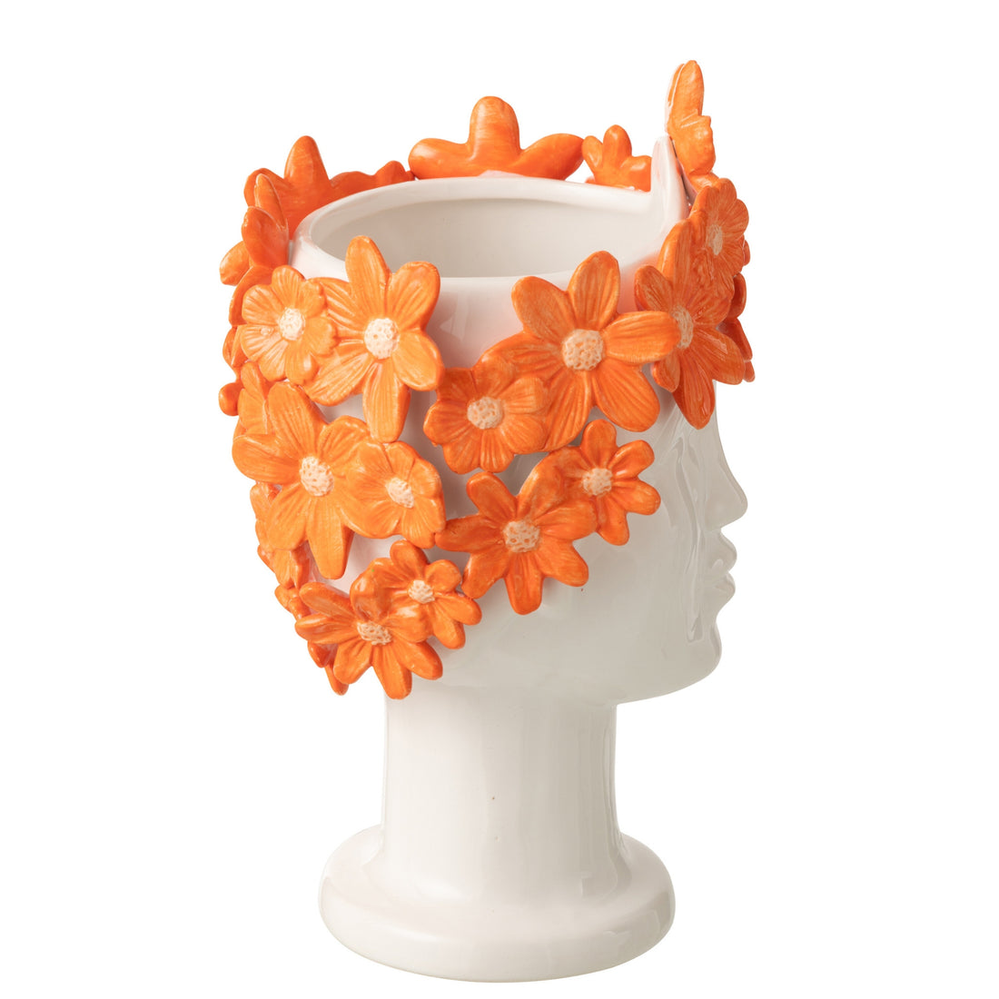 Bloempot Dame Bloemen Keramiek Wit/Oranje  J-Line